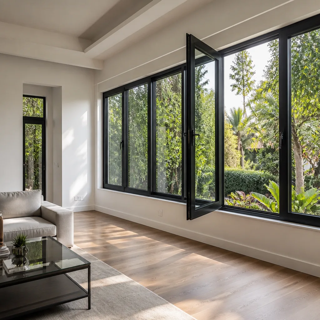 Modern interior featuring high-quality black-framed windows with garden view