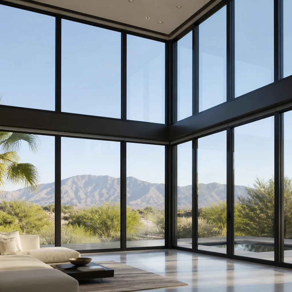 Modern floor-to-ceiling glass window installation with a mountain landscape view.